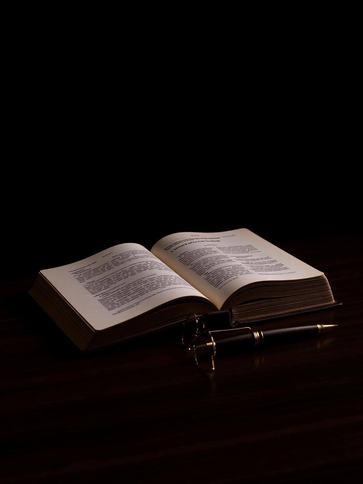 An open legal text, fountain pen, and reading glasses on a walnut desk